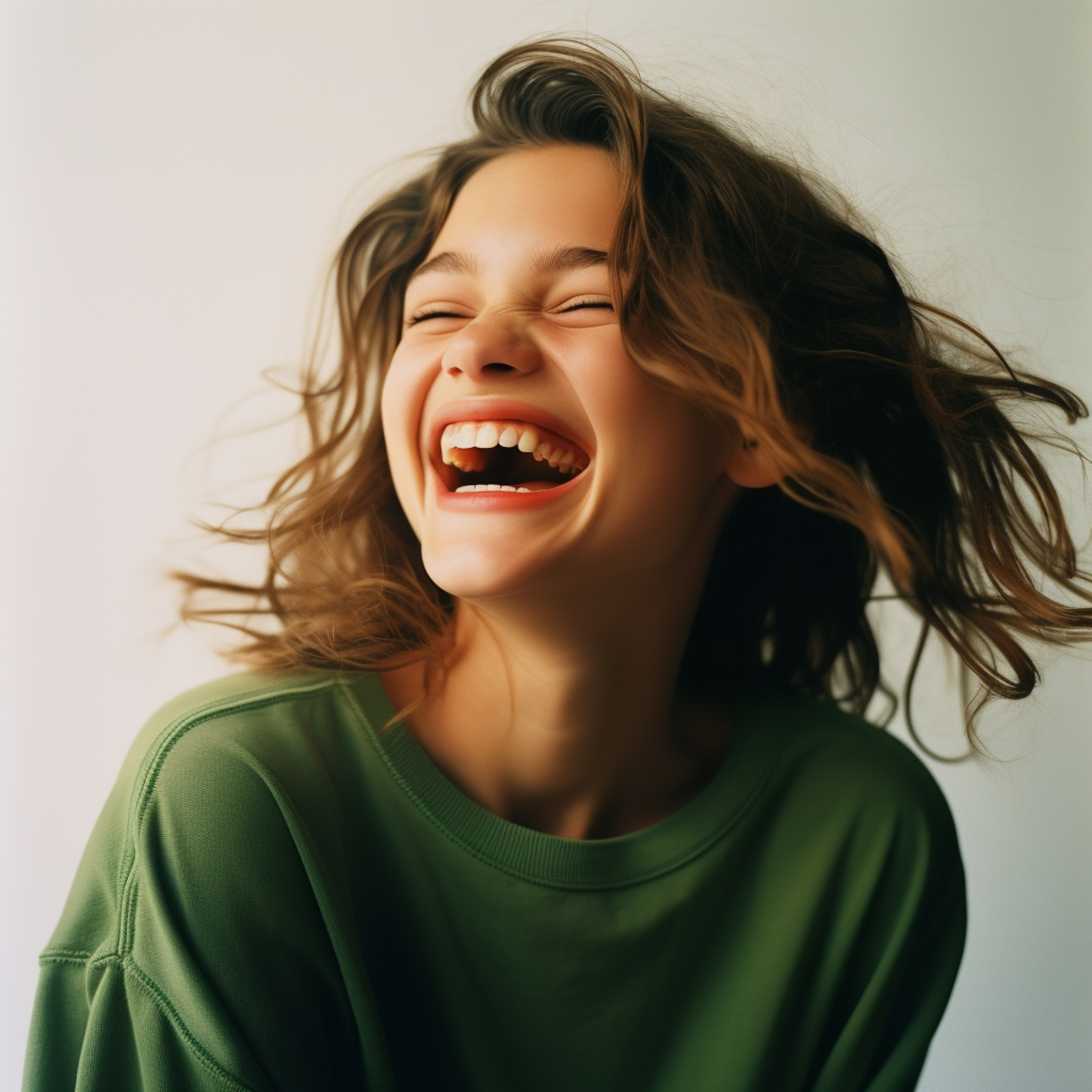 Woman with curly brown hair wearing a green shirt, laughing with her mouth wide open.